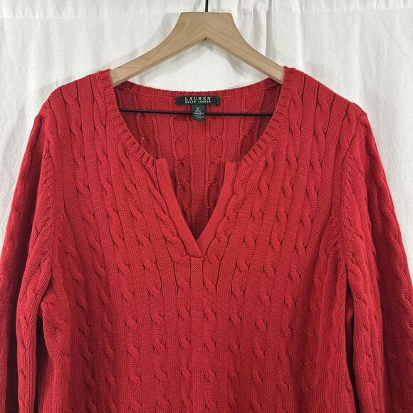 Lauren Ralph Lauren Red Cableknit Festive Preppy Split Vneck Sweater Womens 1X - Picture 4 of 10